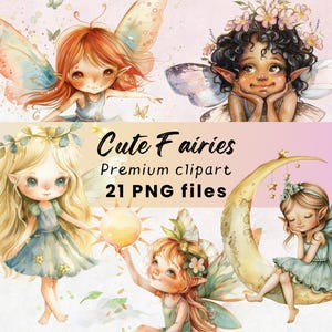 Aquarell Feen Clipart, Feen Mädchen, Feen Garten, Frühling, Sommer, Fee Erster Geburtstag, Schmetterling PNG, 300 DPI, Fairytale Feen