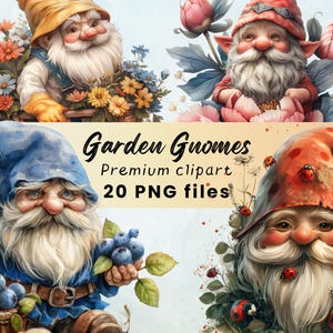 Clipart gnomes, jardin féerique, clipart printemps, été Cottagecore, graphismes magiques fantastiques, elfe PNG, clipart cottage, nain de Pâques