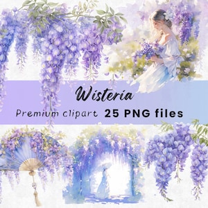 Clipart aquarelle glycine, fleurs lilas, fleurs violettes, mariage PNG, Saint-Valentin, fleurs violettes élégantes, téléchargement immédiat, 300 DPI