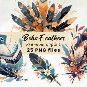 Boho Feather Clipart, Floral Feather, Native, Western, Tribal PNG, Boho Art, Printables, Instant Download, 300 DPI