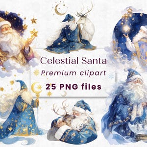 Clipart aquarelle père Noël céleste, Noël bleu, renne, étoiles mystiques PNG, magie, imprimables, téléchargement immédiat, 300 DPI