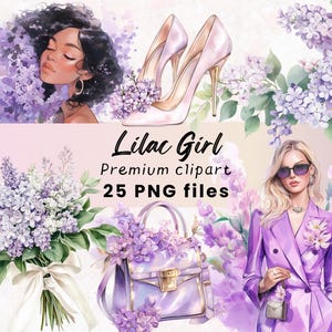 Clipart de niña de primavera, Clipart de lilas, Clipart de mujer de moda, Pegatinas de planificador de primavera, Scrapbooking de primavera, Girl Boss, Invitación lila PNG