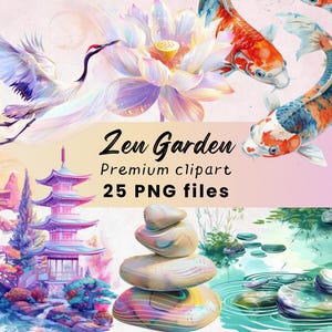 Zen Garten Clip Art Bundle - Japanische Natur Illustrationen mit Fuchs, Kranich, Koi Fisch, Lotus Blume - Digitale Grafiken Sofort Download PNG