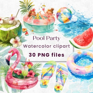 Aquarell Pool Party Clipart, Sommerspaß, Strandurlaub, Reise Bild, Urlaub Flamingo, kommerzielle Nutzung, Instant Download, 300 DPI