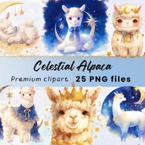Aquarelle alpaga céleste Clipart, kawaii mignon, lune, baby alpaga PNG, étoiles, illustration, lama, chambre d'enfant, téléchargement numérique, 300 DPI