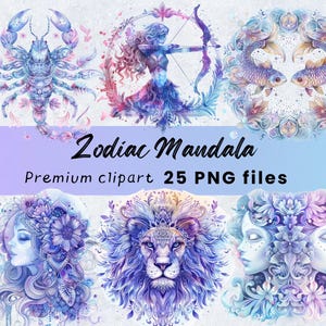 Aquarell Sternzeichen Mandala Clipart, Horoskop, Astrologie Göttin, Celestial Witchy, Mystisch PNG, kommerzielle Nutzung, Sofort Download, 300 DPI