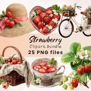 Watercolor Strawberry Clipart Bundle, Strawberries PNG, Cottagecore Images, Berry Clipart, Fruit Clipart, Junk Journal, Scrapbook