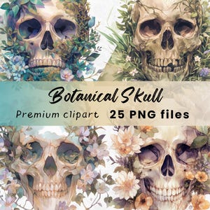 Clipart tête de mort floral wicca, gothique, fantaisiste, gothique, conception botanique, feuilles et vignes, jour des morts, téléchargement immédiat, 300 DPI