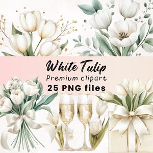 Imágenes prediseñadas de tulipanes blancos de acuarela, imágenes prediseñadas de flores blancas, ramo de boda, imágenes prediseñadas de flores de primavera de tulipanes, invitación de boda blanca, invitación de boda blanca