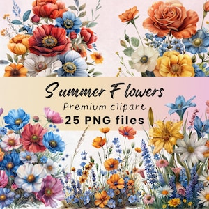 春夏の野の花のクリップアート、妖精の庭のクリップアート、花の自然の画像、コテージコア、コスモスの花、PNG、300 DPI