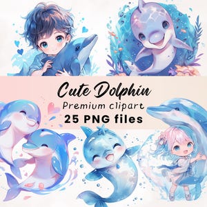 Joli dauphin Clipart, Clipart Kawaii, Chibi Clipart, Dauphin PNG, Clipart animaux marins, Clipart nautique, Stickers numériques Anime, impression de l'océan