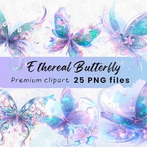 Ätherischer Schmetterling Clipart, magische Schmetterlinge, Fantasy PNG, Feen, Pastell Märchen, Printables, Sofort Download, 300 DPI