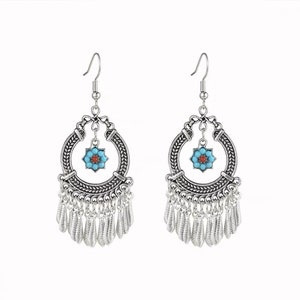 Ethnic bohemian tassel copper earrings, Floral earrings