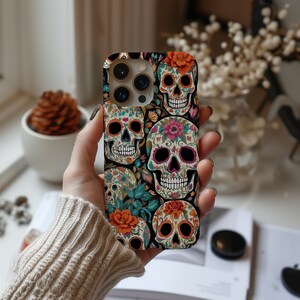 TOUGH 携帯電話ケース、死者の日モチーフ、死者の日、頭蓋骨、花柄、iPhone、Samsung