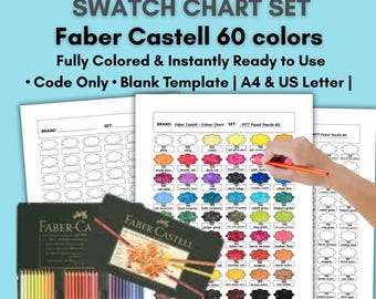 May include: A Faber Castell 60-color swatch chart set with a blank template. The image shows a hand holding a colored pencil over a chart. The set includes a box of colored pencils and the text "Instant Download".