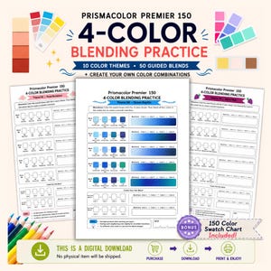 Peut inclure: Un téléchargement numérique pour le Prismacolor Premier 150 4-Color Blending Practice comprenant 10 thèmes de couleurs et 50 mélanges guidés. Les feuilles incluent des cases d'échantillons, des zones de mélange et un nuancier bonus de 150 couleurs.