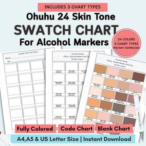 Pode incluir: Um gráfico de amostra para marcadores de álcool Ohuhu de 24 tons de pele. O gráfico inclui três tipos: totalmente colorido, código e em branco. A imagem mostra o gráfico com 24 cores, e o texto diz "Inclui 3 tipos de gráficos". Disponível nos tamanhos A4, A5 e US Letter.