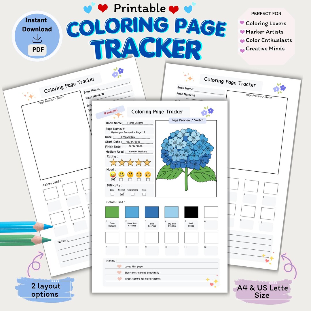 Coloring Page Tracker Printable, Color Log, Marker Journal (PDF ...