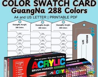 May include: A color swatch card with the text "COLOR SWATCH CARD GuangNa 288 Colors" and "A4 and US LETTER | PRINTABLE PDF". The image includes a box of acrylic brush markers and color swatches.
