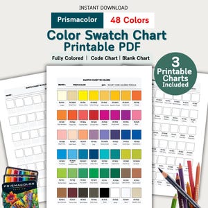 May include: A digital printable PDF color swatch chart for 48 Prismacolor soft core colored pencils. The set includes a fully colored chart, a code chart, and a blank chart. The design features rows of color squares with labels and codes.