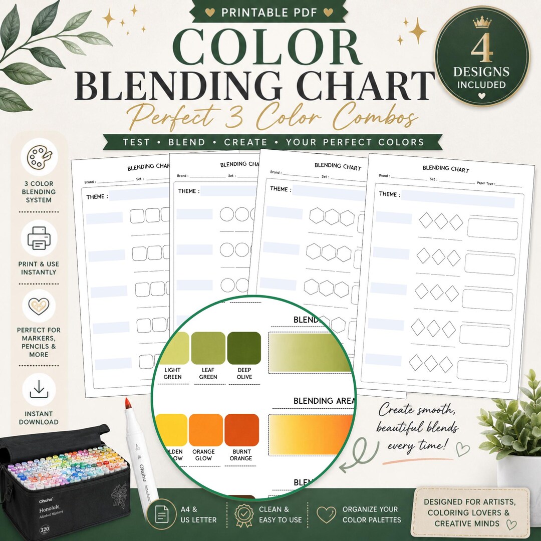 Color Blending Chart Printable, 3 Color Combos, Marker Swatch Tracker ...