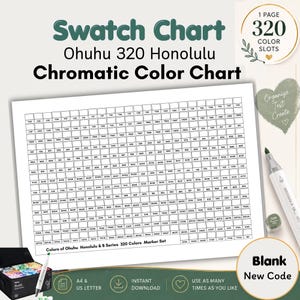 Puede incluir: Una tabla de muestras blanca con el texto "Swatch Chart Ohuhu 320 Honolulu Chromatic Color Chart". La tabla tiene 320 ranuras de color e incluye un marcador y una caja de marcadores. La tabla es de tamaño A4 y US Letter.