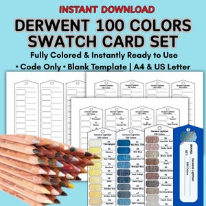 May include: A set of Derwent Lightfast 100 Colours swatch cards with a bundle of coloured pencils. The cards are labelled with colour names and codes. The text "INSTANT DOWNLOAD" and "SWATCH CARD SET" are visible.