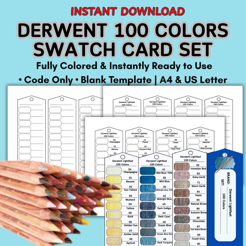 Derwent Lightfast 100 Color Swatch Cards | Printable Chart (PDF) - Etsy