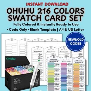 Puede incluir: Un juego de tarjetas de muestras Ohuhu de 216 colores, listo para usar. La imagen muestra un estuche negro lleno de marcadores coloridos, tarjetas de muestras y un marcador blanco. El texto dice "Descarga instantánea" y "Códigos nuevos y antiguos".