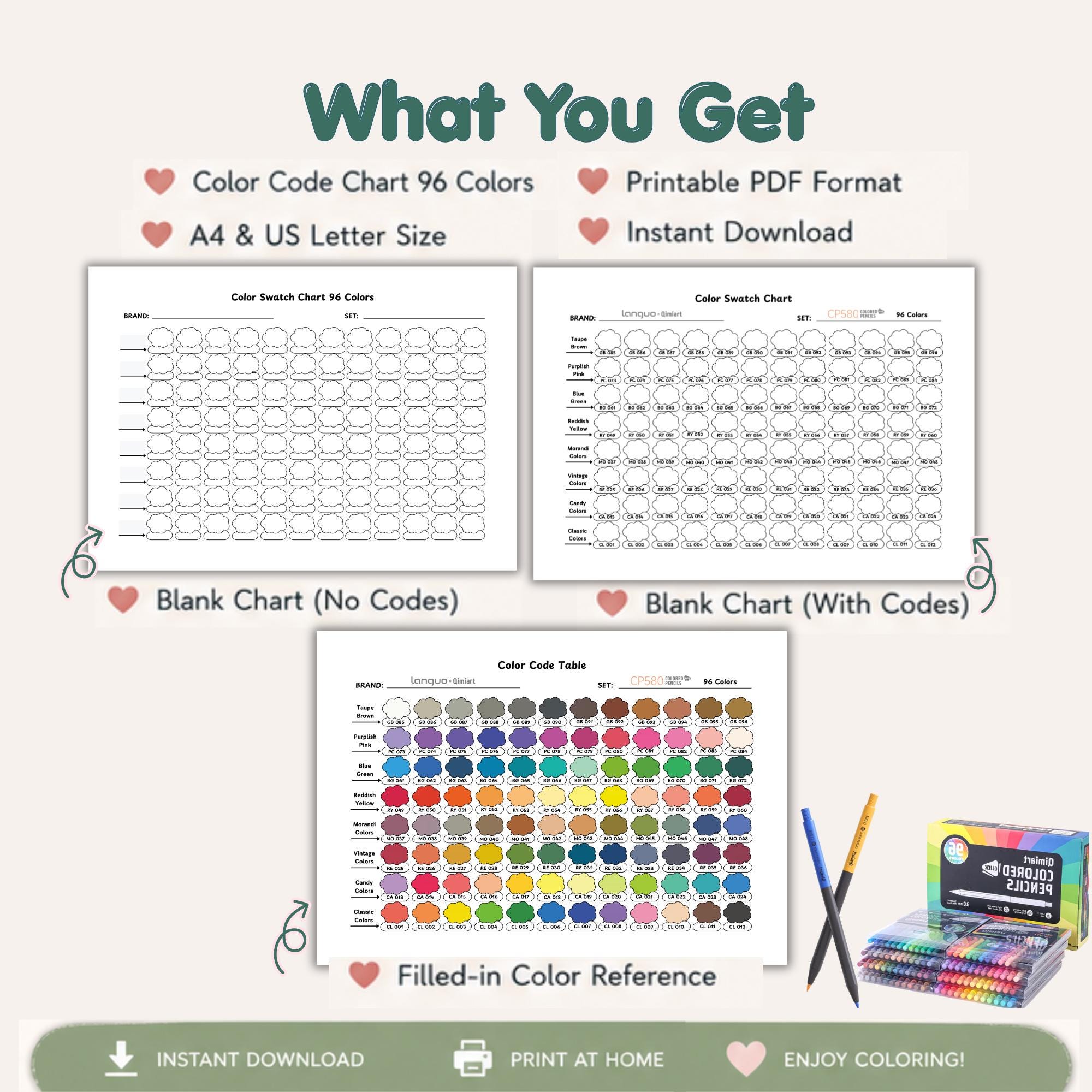 Languo 96 Color Swatch Chart Printable PDF | Blank & Filled Color ...