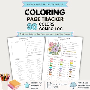 Op de afbeelding: Een afdrukbare PDF-kleurpaginatracker met de tekst "COLORING PAGE TRACKER 30 COLORS COMBO LOG". Het ontwerp bevat ruimte om kleuren bij te houden, favorieten op te slaan en van je voortgang te houden. Inclusief A4- en US Letter-formaten.