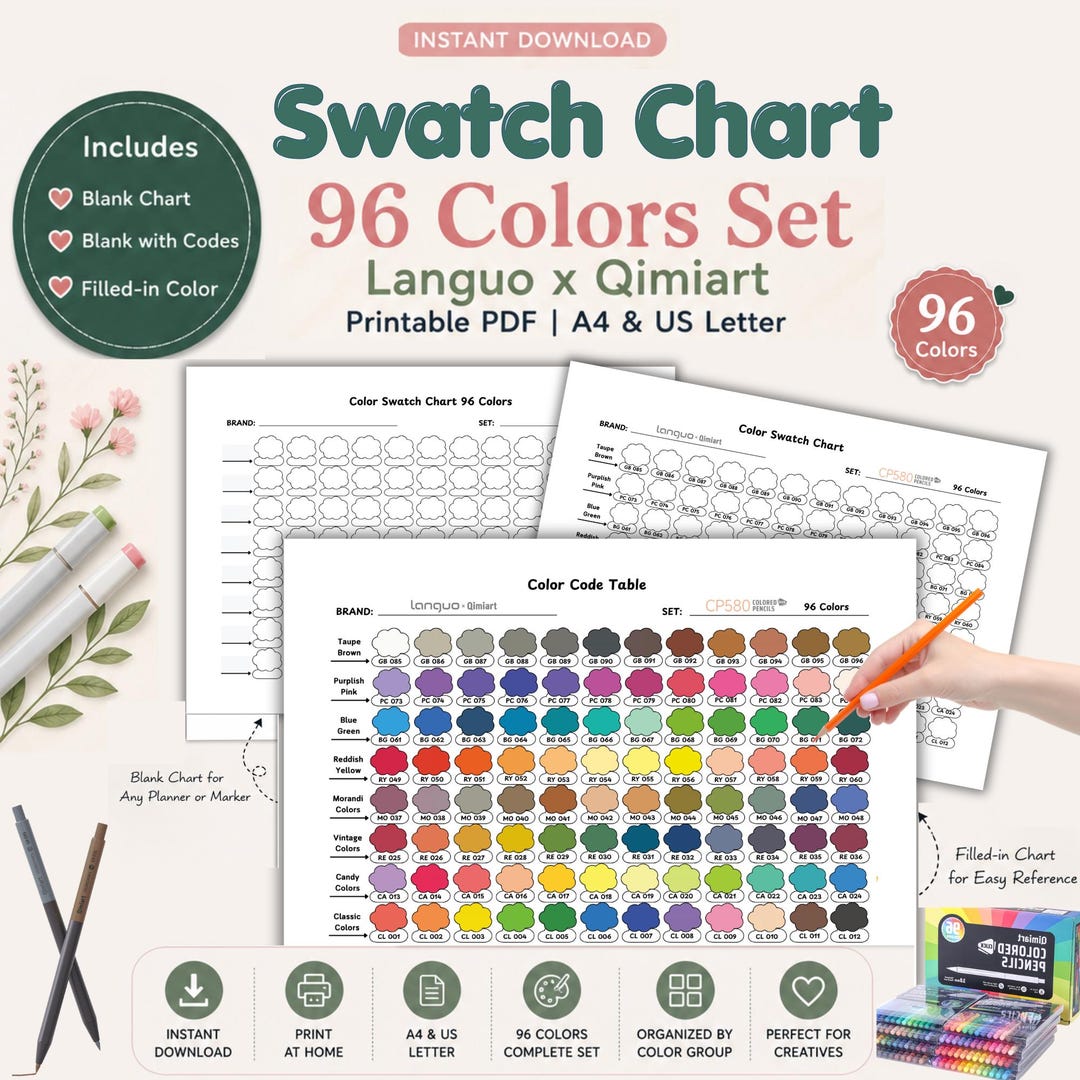Colorful Reference Sheet Example Languo 96 Color Swatch Chart Printable PDF | Blank & Filled Color ...