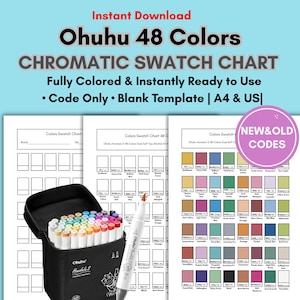 Könnte beinhalten: Ein schwarzer Koffer mit 48 farbigen Ohuhu-Alkoholmarkern, einem weißen Marker und gedruckten Farbmusterkarten. Die Karten enthalten Farbcodes und leere Vorlagen. Der Text auf dem Bild lautet "Ohuhu 48 Farben CHROMATIC SWATCH CHART".