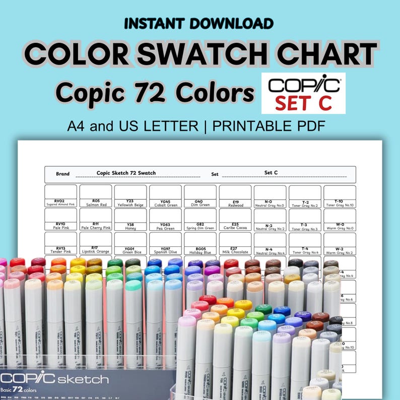 Copic Sketch 72 Colors Marker Set C Swatch Chart Template Printable PDF ...