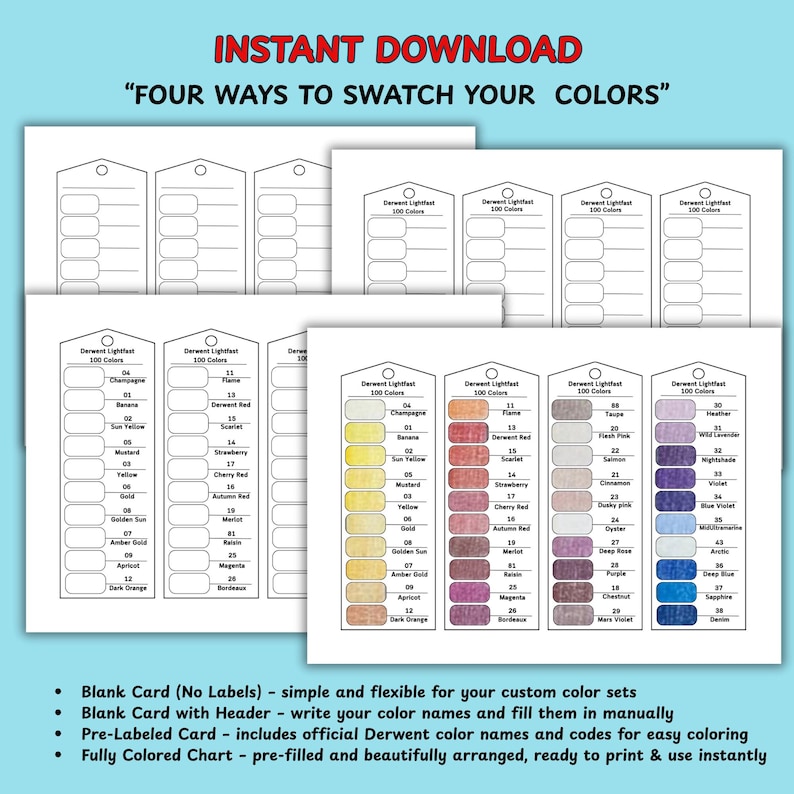 Derwent Lightfast 100 Color Swatch Cards | Printable Chart (PDF) - Etsy