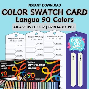 以下が含まれることがあります： Languoアクリルジェルペンのカラー見本カードのデジタルダウンロード画像。カードには90色のスペースがあり、「Color Swatch Card」と「Languo 90 Colors」の文字があります。画像にはペンの箱も表示されています。