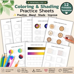 May include: A set of printable PDF coloring and shading practice sheets featuring 12 templates. The pages include geometric shapes, wood grain textures, and color gradients with checkboxes for tracking progress. The text reads Coloring & Shading Practice Sheets.
