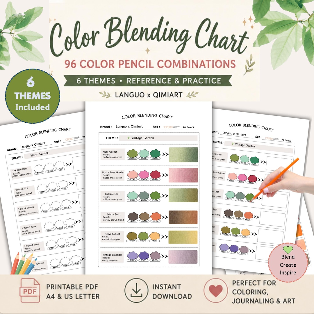Color Blending Chart for Colored Pencils | 6 Themes, 96 Combinations ...