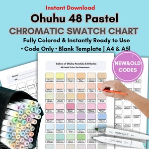 Könnte beinhalten: Ein chromatischer Farbfächer für Ohuhu 48 Pastel Marker. Die Tabelle ist vollständig farbig und sofort einsatzbereit, mit einer leeren Vorlage. Das Bild zeigt eine schwarze Tasche mit Markern und den Text "NEW & OLD CODES".