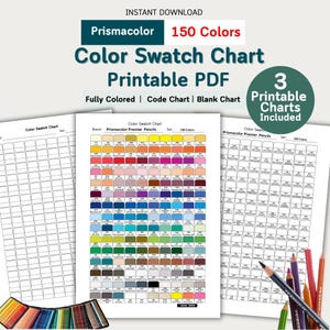 Puede incluir: Una descarga digital que incluye tres tablas de colores PDF imprimibles para 150 lápices Prismacolor Premier. El conjunto incluye una tabla a todo color, una tabla de códigos y una tabla en blanco, mostradas con lápices de colores.