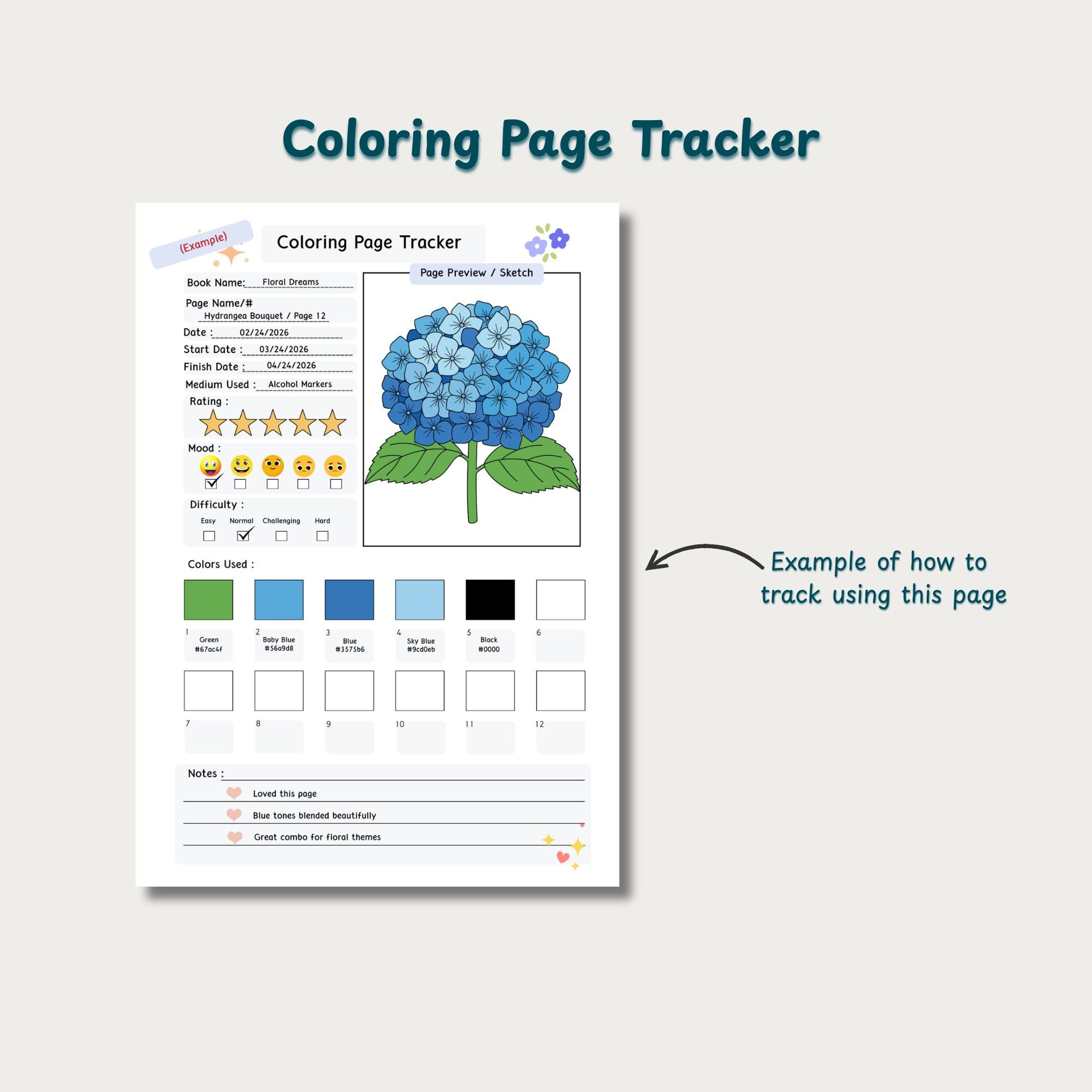 Coloring Page Tracker Printable, Color Log, Marker Journal (PDF ...