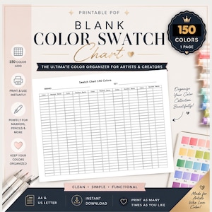 Può includere: Una tabella di campioni di colore in bianco in formato PDF stampabile con una griglia per 150 colori. Il documento include colonne per colore, numero e nome. Il testo sulla pagina recita: BLANK COLOR SWATCH Chart, 150 COLORS, 1 PAGE.