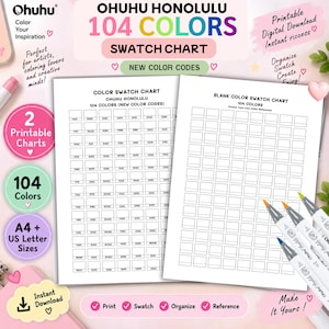 Op de afbeelding: Twee printbare Ohuhu Honolulu kleurstaalkaarten op wit papier. Eén kaart bevat een raster met 104 ingevulde kleurcodes, terwijl de andere een leeg raster is voor eigen kleurreferentie. Vier markers zijn rechtsonder geplaatst.