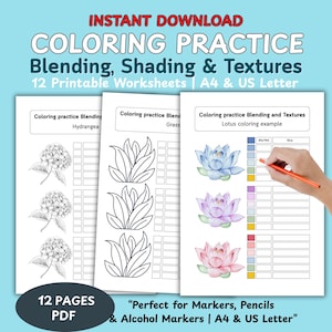Peut inclure: Ensemble de 12 feuilles de coloriage imprimables pour la pratique. Les feuilles de calcul comprennent des illustrations florales et botaniques pour la pratique du mélange, de l'ombrage et des textures. Le texte sur l'image indique "Téléchargement instantané Coloring Practice".