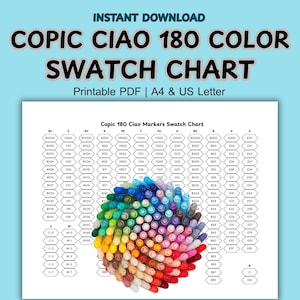 Op de afbeelding: Een afdrukbare A4-kleurenkaart voor Copic Ciao 180 kleurmarkers. De kaart toont een cirkelvormige rangschikking van markerkleuren, elk gelabeld. De tekst "COPIC CIAO 180 KLEUR SWATCH CHART" staat bovenaan.