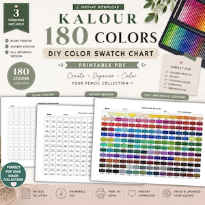 以下が含まれることがあります： 180色のKalour色鉛筆用DIYカラーチャートの印刷可能なPDF。デジタルダウンロードには、空白のチャート、番号付きチャート、フルリファレンスチャートの3つのバージョンが含まれており、色鉛筆コレクションを整理・管理するために設計されています。