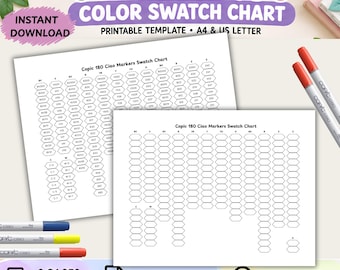 May include: A printable Copic Ciao 180 color swatch chart template featuring two white pages with hexagonal grids for marker organization. The text reads Copic Ciao 180 Color Swatch Chart, Instant Download, 2 Pages Per Size, A4 + US Letter, Printable PDF.
