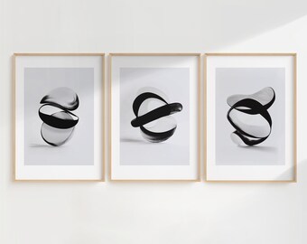 zen art gallery 3 pieces set, minimalist and abstract black artworks on a white background, printable digital prints