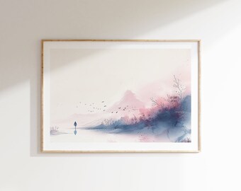 Blue Japanese watercolor wall art, digital download print, Japan landscape neutral art, zen home decor