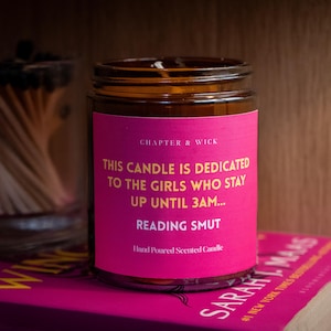 May include: A scented candle in a glass jar with a pink label that reads "THIS CANDLE IS DEDICATED TO THE GIRLS WHO STAY UP UNTIL 3AM... READING SMUT." The candle sits on a book and next to a glass jar of matches.